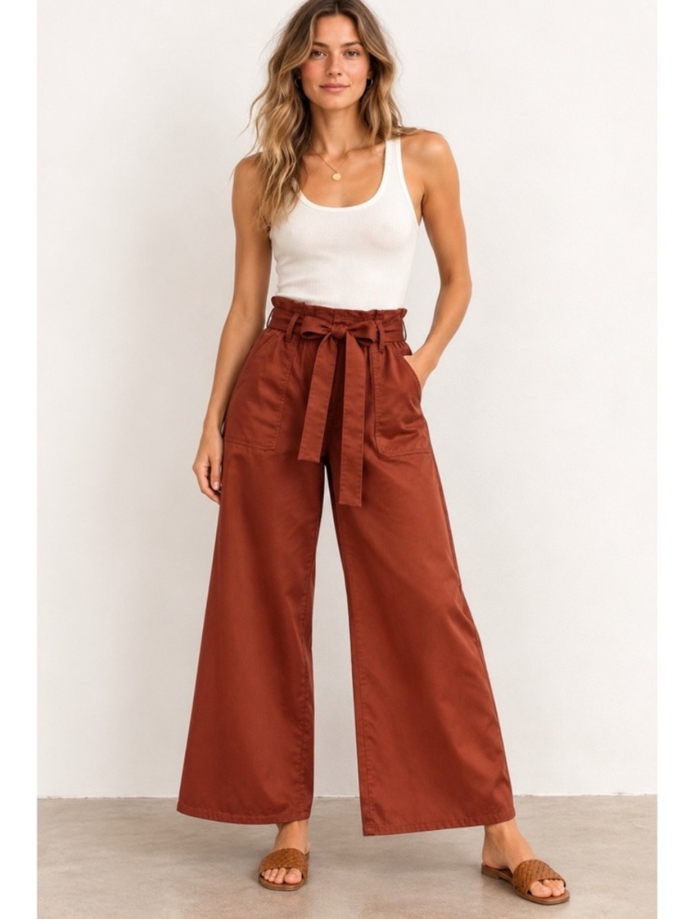 Joie Satin Wide Leg Trousers High Waist Brown Terra Cotta Rust Size 30-Medium